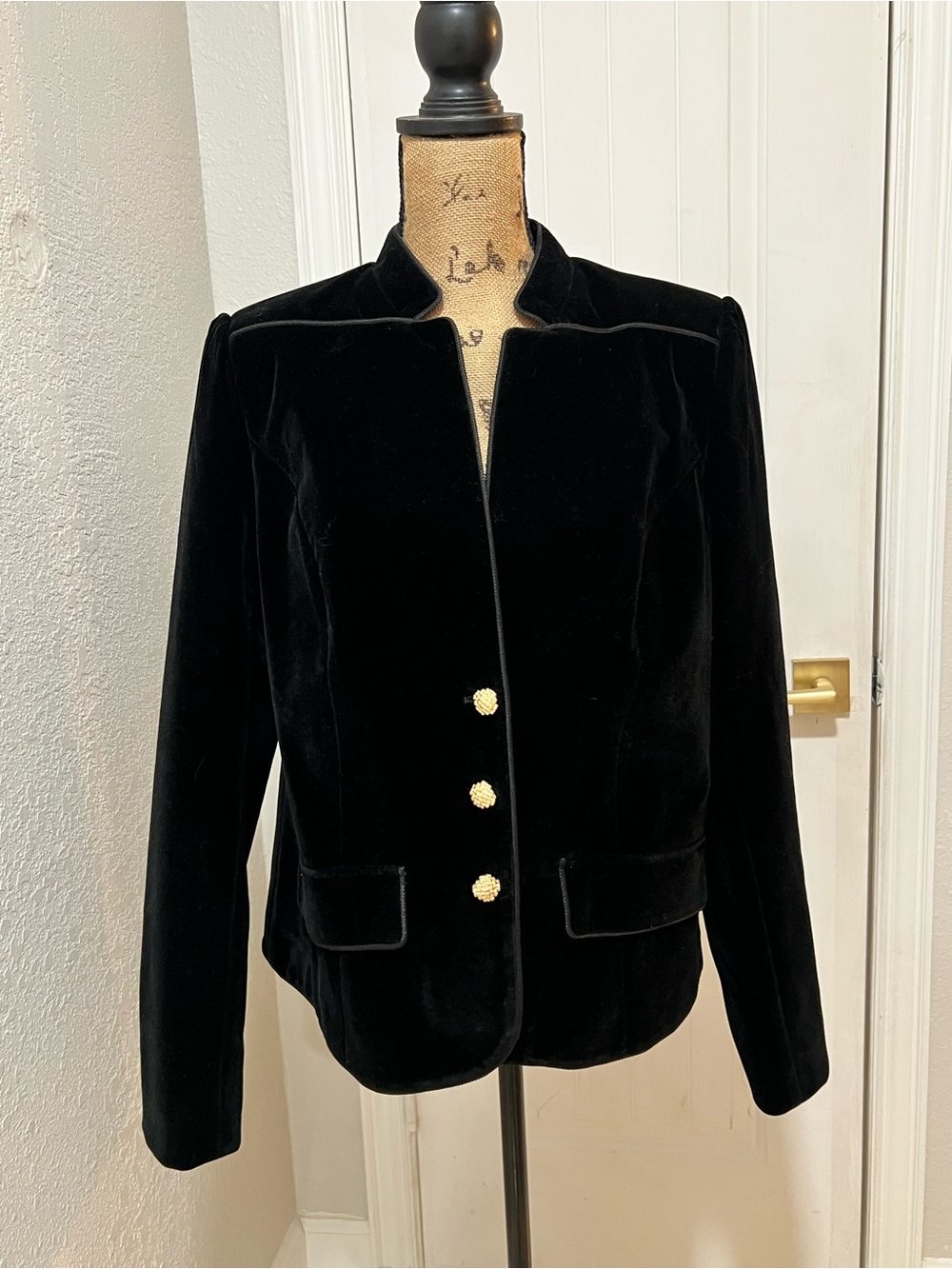 Commense Black Velvet Blazer with Gold Buttons
